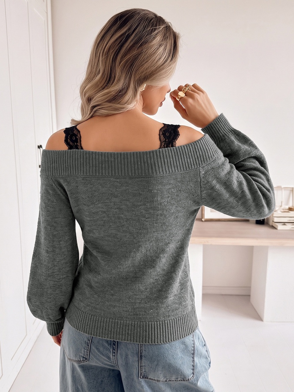 Off-Shoulder Lace Trim Sweater - Picture 5 of 14